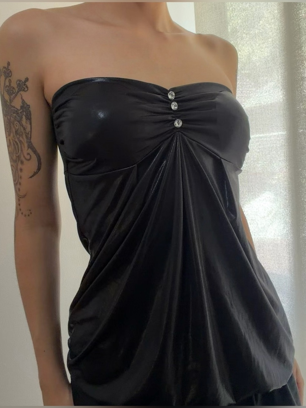 Sakura Strapless Black Satin Very Mini Dress with Rhinestone Accents
